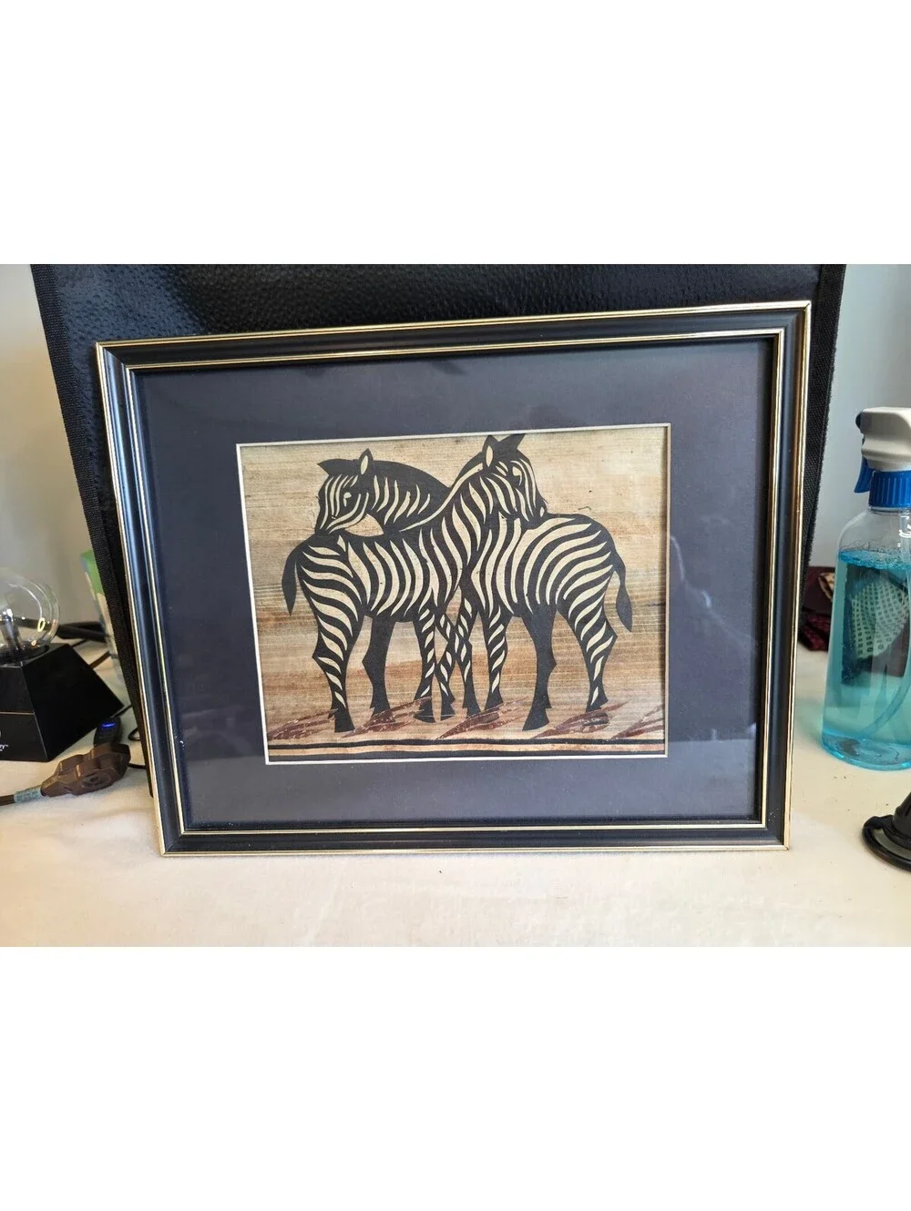 Framed African Zebra Family Textile Art Three Zebras Black Gold Wall Decor